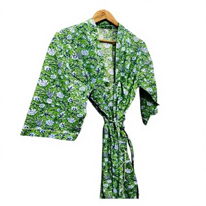 Bata de Algodón con Estampado Floral Verde para Mujer, Larga, Informal, Estilo Kimono, con Cierre de Cordón, Manga Larga, Suave, para Primavera/Verano - Product Image 1