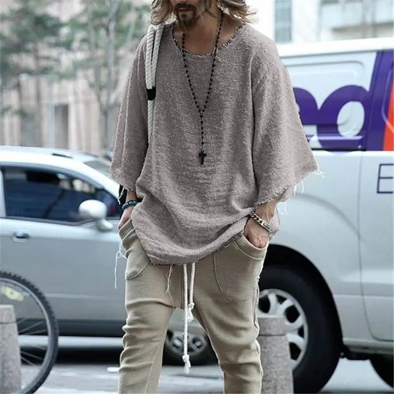 2022 New style long-sleeved solid color shirt top trendy loose casual T-shirt for men