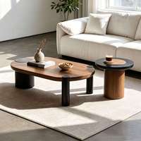Ensemble de tables basses modernes et durables en deux tons, 2 pièces, écologiques, avec plateau ovale en noyer et pieds cylindriques pour tables d'appoint de salon