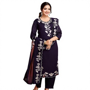 Conjunto de Salwar Kameez de Algodón Morado Oscuro de Lujo con Bordado Zari Plateado, Kurta Recta de Secado Rápido y Pantalón, para Bodas y Fiestas Indias y Pakistaníes - Product Image 1
