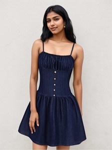 Abito Estivo-Autunnale <span class=keywords><strong>da</strong></span> <span class=keywords><strong>Donna</strong></span>, Nuovo Stile in Finto Denim, Corto, Senza Maniche, con Spalline e Collo Scoperto - Product Image 6