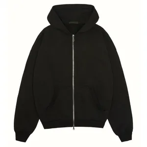 Yüksek kalite özel erkek Streetwear Hoodie asit yıkanmış damla omuz fermuarlı kapüşonlu svetşört çift fermuar baskılı Hoodie