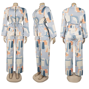 Elegant Commuting Stand Collar Printed Drawstring Waist Long-sleeve Women's Two-piece Pants <b>Set</b> Fashion - Product Image 5