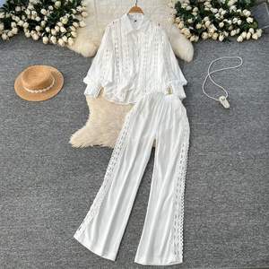 New Hollow Crochet Lace Splicing Long-sleeved Shirt High-waisted Wide-legged <b>Pants</b> Women's Casual 2-piece Set Fashion - Product Image 1