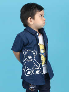 Conjunto de Camisa y Pantalón de Algodón Azul Marino para Niños con Camiseta con Estampado de Osito de Peluche, Atuendo Casual Elegante para Niños con Estilo Deportivo - Product Image 3