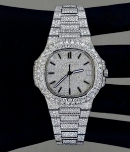 Montre de luxe automatique mécanique avec cadran en verre, en acier inoxydable, sertie de moissanite, pour hommes et femmes, étanche 10 bars, avec fermoir de bracelet - Product Image 1