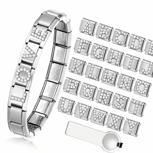 Breloques en acier inoxydable italiennes A-Z avec lettres en cristal, accessoires de bijoux modulaires élastiques à souder pour bracelets DIY, vente en gros - Product Image 1