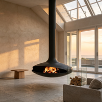 Cheminée suspendue de luxe VALSE, foyer artistique flottant pour villa à plafond haut, décoration intérieure contemporaine