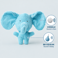Peluche Éléphant Bleu en Velours Côtelé, Jouet Sonore Double Effet Froissé et Couineur, Rembourrage Coton PP, 18x24cm, Doux, Cuddly et Léger pour Chiens