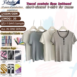 <span class=keywords><strong>T</strong></span>-<span class=keywords><strong>shirt</strong></span> Slim-Fit da <span class=keywords><strong>Donna</strong></span> Coreana in <span class=keywords><strong>Lino</strong></span>/Cotone a Righe o Tinta Unita con Logo Personalizzato Stampa 3D Puff MOQ 20 Manica Corta - Product Image 1
