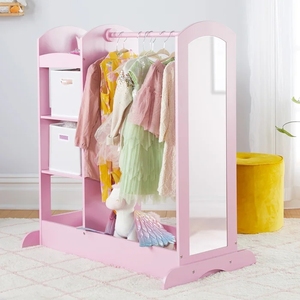 Armario de Madera para Disfraces Infantiles, Organizador de Disfraces con Puerta Abierta, Mueble Infantil con Ganchos y Espejo, Color Rosa - Product Image 2