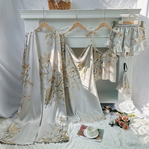 Conjunto de pijamas de cuatro piezas, <span class=keywords><strong>ropa</strong></span> de dormir <span class=keywords><strong>con</strong></span> estampado de cerezas pequeñas, camisón de satén para mujer <span class=keywords><strong>con</strong></span> tirantes y pantalones cortos, <span class=keywords><strong>ropa</strong></span> de casa de verano - Product Image 1
