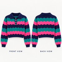 Pull court à manches longues en maille côtelée à rayures ondulées et blocs de couleur personnalisés, col polo boutonné, pour tenues décontractées féminines
