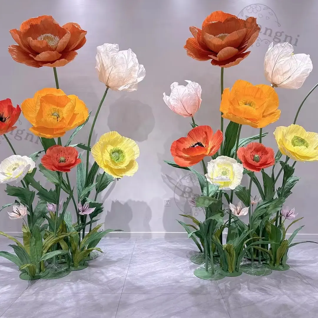 कृत्रिम रंगीन पेपर ऑर्गेना पोस्ता फूल समूह, इवेंट वेडिंग स्टेज सजावट के लिए विशाल हस्तनिर्मित फूल