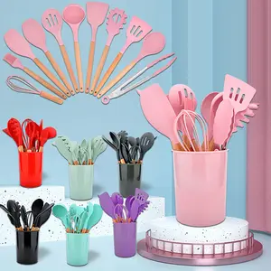 Conjunto de ferramentas de cozinha reutilizável, acessórios rosa de silicone em 12 peças