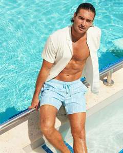 Low MOQ <b>Men's</b> Beach Shorts Trousers Beach Suit Boys Swim <b>Trunks</b> Custom LOGO Board Surf Short Fabric Striped <b>Men</b> Beach Swim Short - Product Image 1