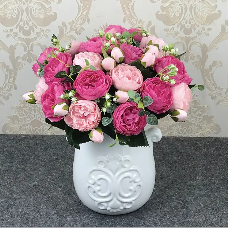 Flores artificiais em atacado de seda, rosas de 5 cabeças, flor única haste para decoração de mesa, casamento, casa