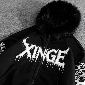 เสื้อฮู้ดดี้โอเวอร์ไซส์แบบมีปกขนสัตว์ ดีไซน์โกธิคสั่งทำพิเศษ พิมพ์ลาย DTG สไตล์สตรีทแวร์ ทรงหลวม ไหล่ตก แบบครอป ซิปหน้า สำหรับผู้ชาย - Product Image 4