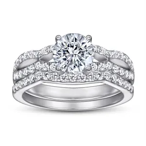 Corte redondo luxuoso simular diamante prata esterlina 925 meio conjunto de anel de noiva para festa de casamento