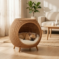 Lit pour animaux de compagnie en rotin tissé à la main, niche ronde tissée avec coussin en peluche pour chats et petits chiens