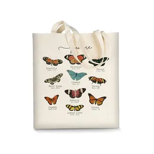 New Women's Recycling Handbag Customized Printing Butterfly Logo Canvas Cotton Customized Promotion Shopping Bag with Logo