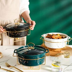 Olla de Sopa de Mármol Estilo Nórdico con Detalles Dorados, Olla Redonda Ovalada Rectangular para Fiestas, Vajilla con Bandeja para Velas - Product Image 1