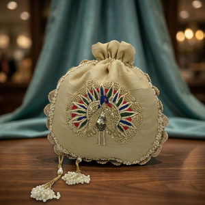 Bolso Potli Circular Hecho a Mano con Cuentas y Adornos de Perlas, Cierre con Cordón, Elegante Bolso para Fiestas Nocturnas - Product Image 3