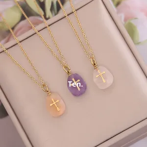 Collar con Colgante de Cruz de Acero Inoxidable, Chapado en Oro de 18K, Corte Ovalado, Joyería Religiosa Cristiana Moderna <span class=keywords><strong>para</strong></span> <span class=keywords><strong>Mujer</strong></span> - Product Image 3