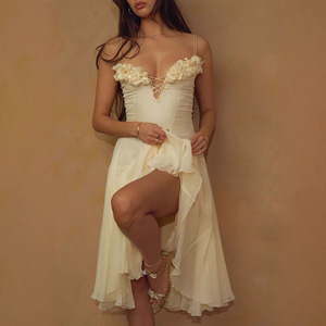 Robe Midi <span class=keywords><strong>Femme</strong></span> Été Sexy Col V Profond Bretelles Fines Sans Manches Vintage Coupe A-Line Décoration Florale Dos Nu pour Soirée - Product Image 3