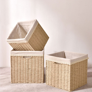 2-Piece Scalloped Paper Rope Baskets - Green Storage Baskets With Wood Handles For Bathroom Organization