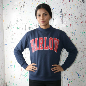 100% Cotton Red Applique Embroidery wide neck Sweatshirt URBAN PRODUCTIONS HARLOW <b>Navy</b> BLUE Mock Neck Sweatshirt - Product Image 1