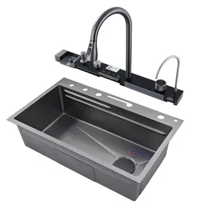 RUIHE-SX24 Led el yapımı siyah paslanmaz çelik şelale akıllı çok fonksiyonlu mutfak lavabo