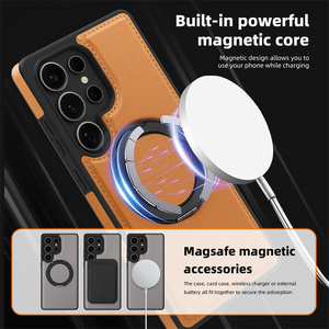 Funda de Cuero de Alta Calidad para Teléfono Samsung S22 S23 S26 <span class=keywords><strong>Ultra</strong></span> S24 S25 Plus, Carga Magnética Inalámbrica con Soporte de Anillo Metálico de 360 Grados - Product Image 2