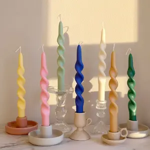Wholesale Handmade Colored Wedding Dinner Spiral Twist Taper Candle Smokeless Light Blue Tall Flameless Taper Soy Candles Bulk
