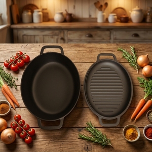 Ensemble de cocottes ovales <span class=keywords><strong>en</strong></span> <span class=keywords><strong>fonte</strong></span> 2-<span class=keywords><strong>en</strong></span>-1 multifonctionnelles pour rôtir et griller, pot à ragoût pré-culotté avec couvercle-poêle - Product Image 6