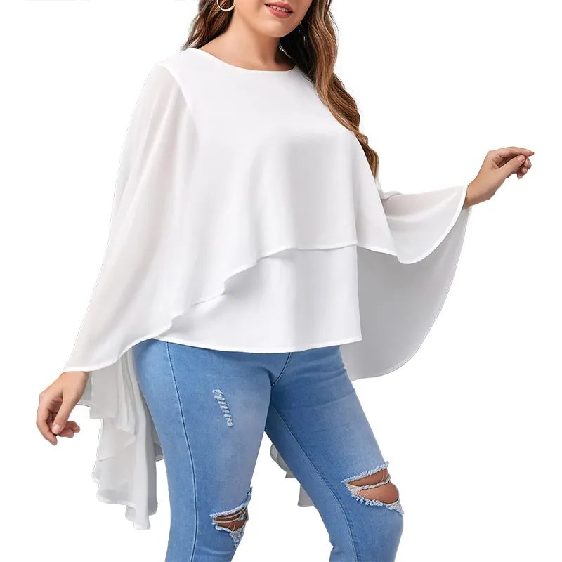 เสื้อเบลาส์ผ้าชีฟองแขนยาวสำหรับผู้หญิงเสื้อคลุมสีขาวหรูหราคอปาดคอสูงแบบลำลอง