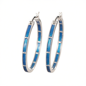 Pendientes de Aro Plateados con Incrustaciones de Ópalo Azul, Diseño Geométrico Clásico, Joyería para Uso Diario de Mujer - Product Image 1