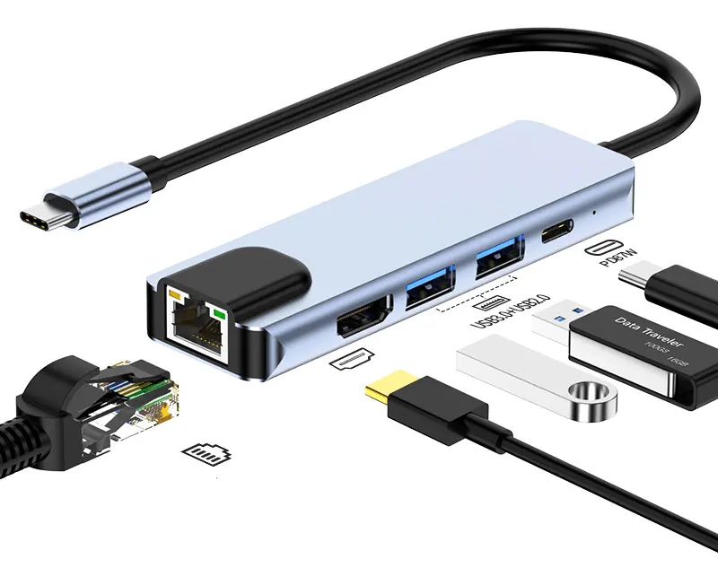 USB C Hub Multifungsi 5 In 1 untuk IPad MacBook Air Pro Adapter 87W PD Mengisi USB C Ke HDTV dengan 2 Jaringan USB3.0/RJ45