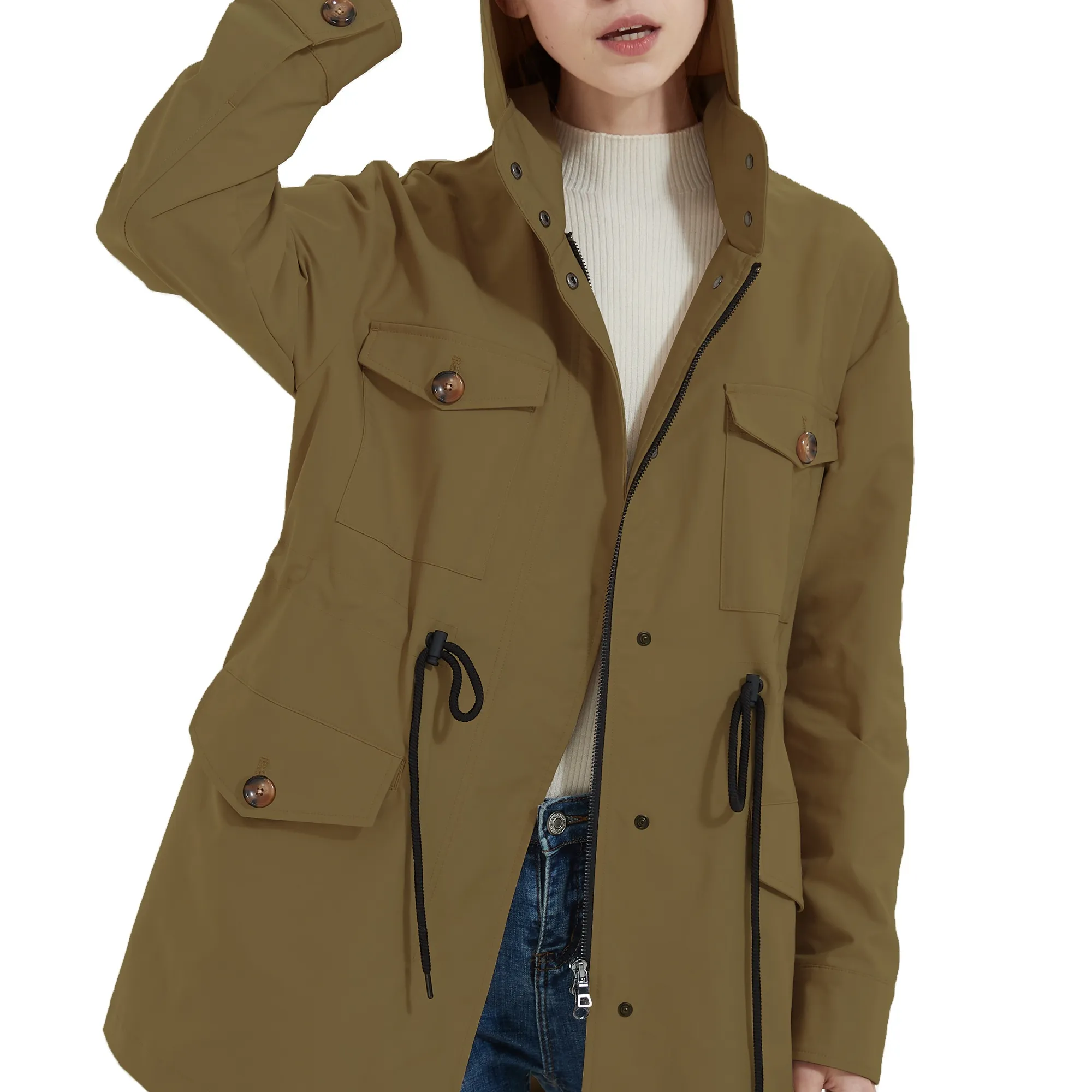 卸売カスタム女性の秋のスリムフィットトレンチコート調節可能なウエストジャケット長袖防風コートフード付きオーバーコート