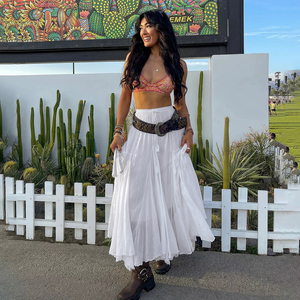 Summer Women Solid Color Midi Skirt Elastic Waist Drawstring Tassel Detail Breathable Casual Vacation Skirt - Product Image 1