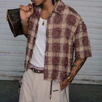 Chemise courte boutonnée à carreaux effilochés, style vintage, texturée, à manches courtes, streetwear