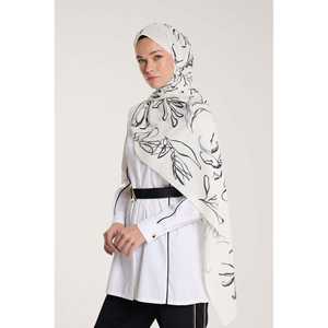 Écharpe en soie satinée Pure Tone avec motif de feuilles personnalisé ivoire-noir, design de logo personnalisé pour les saisons printemps-été - Product Image 3