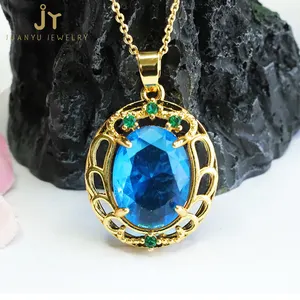 Oval Faceted Shape Topaz Pendants Necklace Hollow-outed Blue Zircon Pendants Wholesale Jewelry Stone Coloured Glaze Pendants