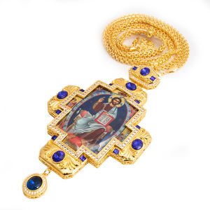 ZD066 Novissima Croce Pettorale da Vescovo della Chiesa Greca Ortodossa Europea Collana in Ottone Dorato 18K con Pietre e Immagine Personalizzabili - Product Image 2
