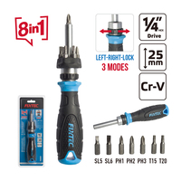 FIXTEC 8pcs Set Obeng Ratchet Cr-V 25mm Bit SL5 SL6 PH1 PH2 PH3 T15 T20 Gagang Ratchet Setengah Ganda Kemasan Blister Peralatan Kit
