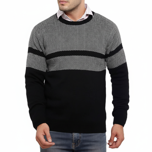 เสื้อสเวตเตอร์สีเทาสีดำสำหรับผู้ชายเสื้อผ้าแฟชั่นแขนยาวแบบสวมหัวถักลายทางมีสไตล์ลำลองผ้านุ่มให้ความอบอุ่นสำหรับฤดูหนาว - Product Image 1