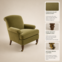 Fauteuil d'appoint anglais avec accoudoirs, pieds en bois massif et roulettes en laiton antique pour salon et hôtel