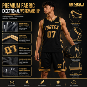 Maillot de basketball de luxe <span class=keywords><strong>noir</strong></span> <span class=keywords><strong>et</strong></span> or VORTEX, design premium, style urbain, sublimation personnalisée avec nom <span class=keywords><strong>et</strong></span> numéro, pour hommes <span class=keywords><strong>et</strong></span> femmes, mode urbaine, grandes tailles - Product Image 3