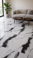 Carreaux de sol effet marbre noir et blanc, céramique brillante, porcelaine, intérieur, 600x600mm, 8,5mm, design veiné poli pour maison moderne