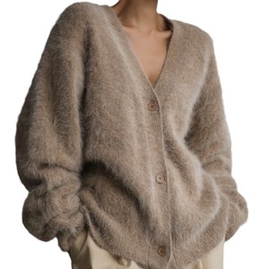 Pull en cachemire de vison pour femme, col en V, tricoté, coupe ample, couleur unie, automne-hiver, cardigan, taille unique, gris, kaki, clair - Product Image 5